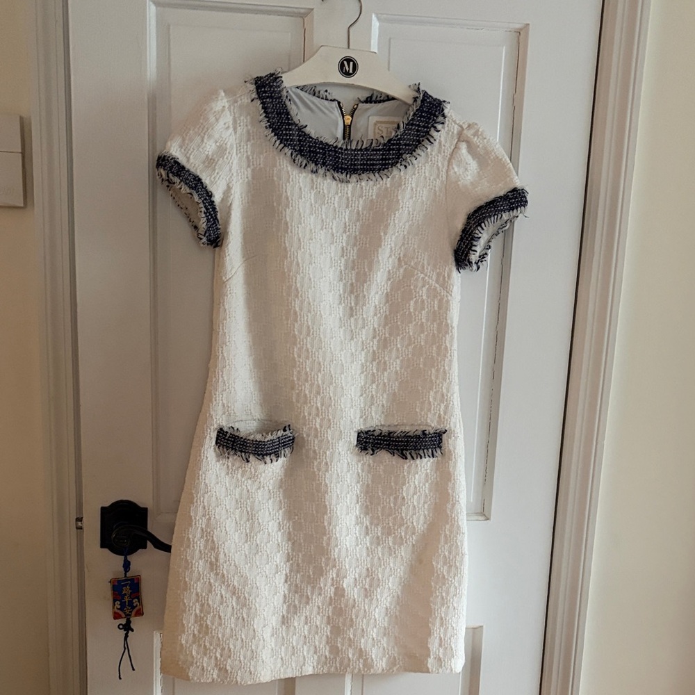 White Textured Dress with Black Trim